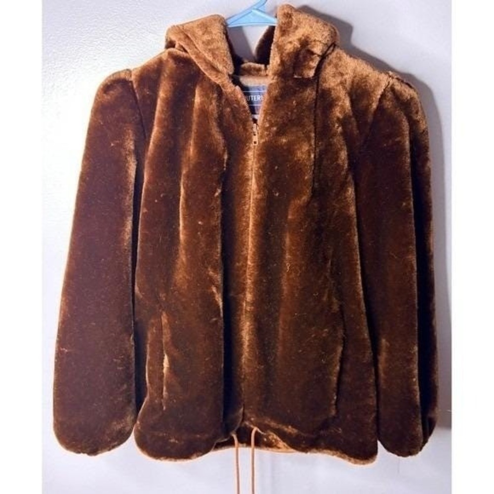 Vintage 70s Mod Faux Fur Hooded‎ Jacket Brown Full Zip Made in USA Women 9/10